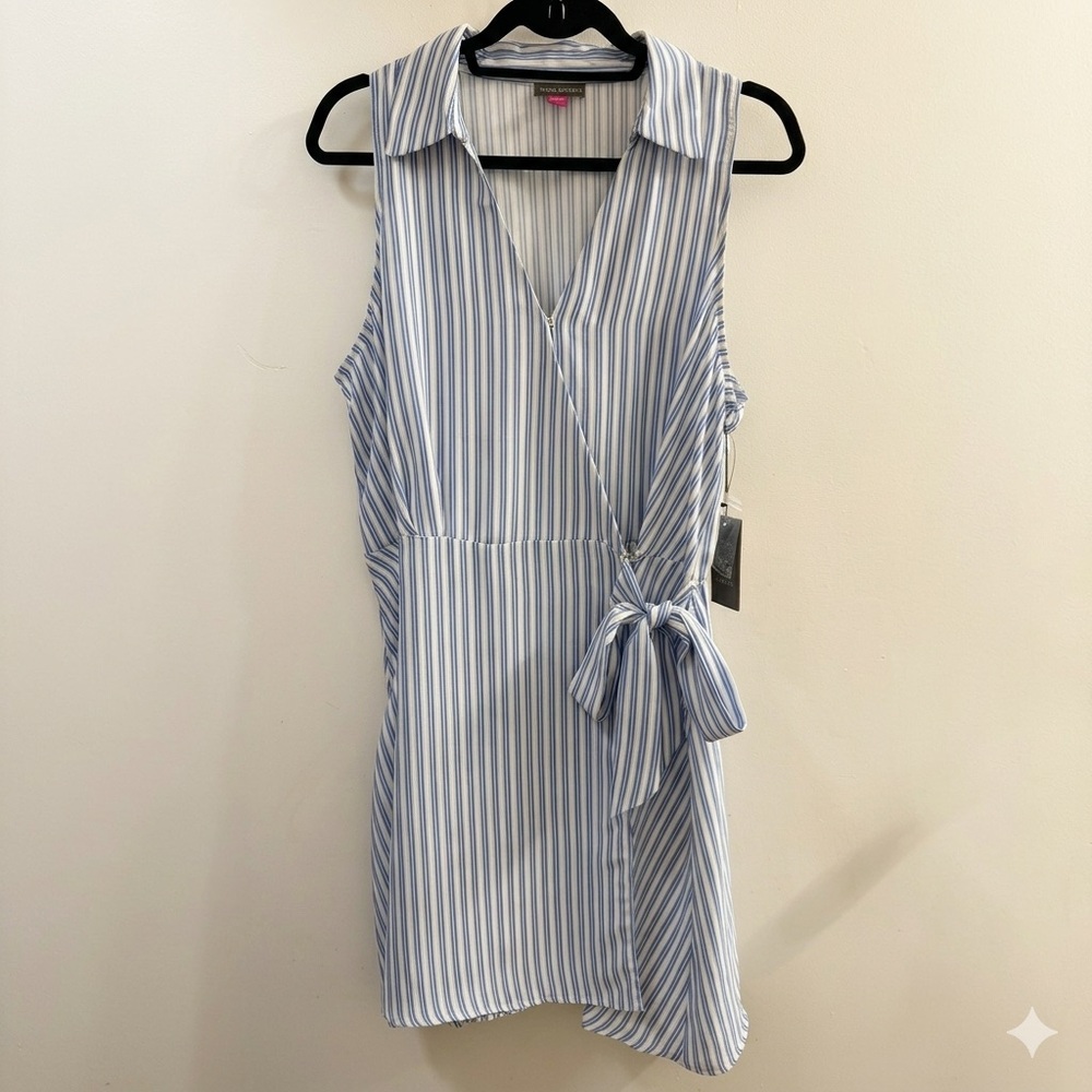 Vince Camuto Blue and White Striped Midi Wrap Dress